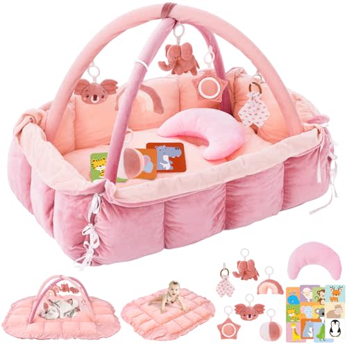5-in-1 Plush Baby Play Gym, Baby Play Mats, Convertible Baby Gym with Pillow, Tummy time mat, 6 Sensory Toys, Activity Center, Ball Pit, Light Pink