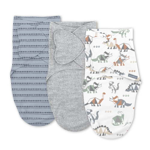 SwaddleMe by Ingenuity Monogram Collection Baby Swaddle, 100% Cotton, 0-3 Months, Pocket Fold Design for Easy Changes, 1.0 TOG, 3-Pack - Dino Mite