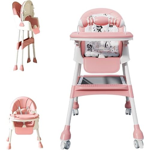 4-in-1 Baby High Chair for Babies & Toddlers, Foldable High Chair with Detachable PU Cushion, Removable Tray, Adjustable Height, Locking Wheels,Pink