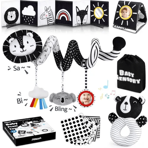 Joyreal High Contrast Baby Toys for Newborn, Black and White Baby Sensory Toys with Car Seat Toys,Infant Toys with Black White Cards Book, Montessori Toys for Baby Gifts