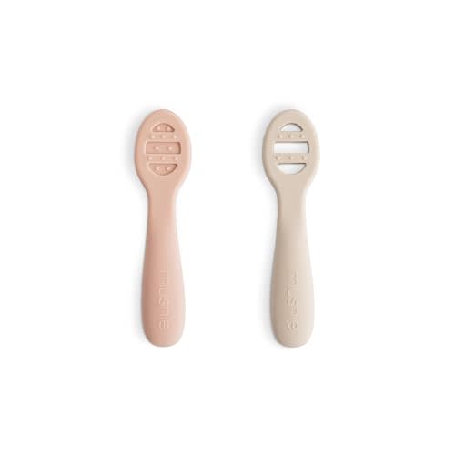 mushie Silicone First Feeding Baby Spoons | 2 Pack (Blush/Shifting Sand)
