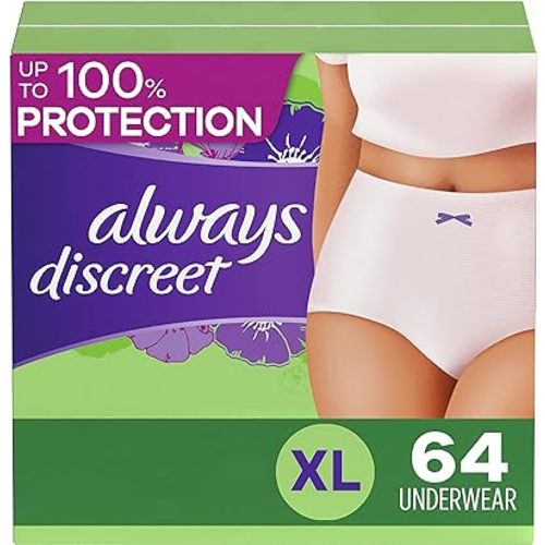 Always Discreet Adult Incontinence Underwear for Women and Postpartum Underwear, XL, Up to 100% Bladder Leak Protection, 64 Count (Packaging May Vary)