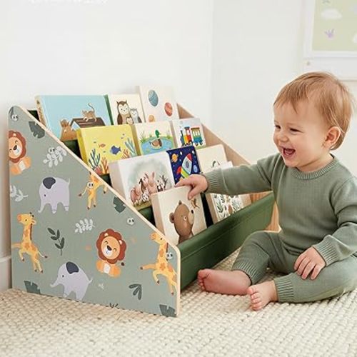 Toddler Bookshelf, 4-Tier Solid Wood Bookshelf for Kids Montessori Bookshelf Large Capapcity Nursery Book Shelves Deep Sling Book Organizer for Playroom Kids Book Storage,Sage Green Animals