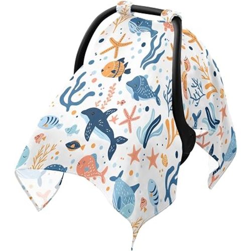 Sea Life Ocean Baby Car Seat Cover Breathable Infant Car Seat Cover Muslin Cotton Carseat Canopy Lightweight for Summer Sun Bug