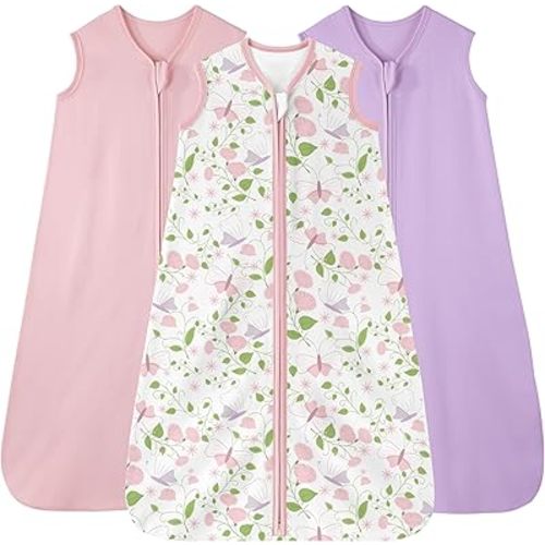 Baby Sleep Sack 0-6 months, 100% Cotton Sleeping Sack for Newborn and Infant, 3 Pack Baby Wearable Blanket, 0.5 Tog Lightweight Double Zipper Sleep Bag Pink Butterfly