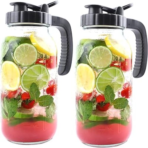 Mason Jar Pitcher 64 Oz With Handle Lid 2 Quart Sun Tea Glass Jar For Iced Hot Water 2 Set Wide Mouth Half Gallon Mason Jar Pitcher For Fridge Store Breast Milk Beverage Tea Coffee Airtight Water Jug