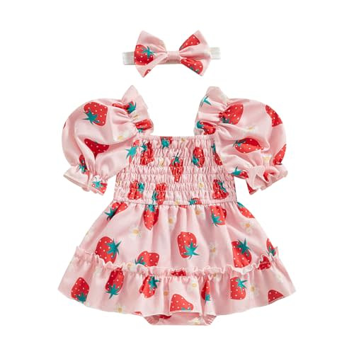 Newborn Infant Baby Girls Romper Dress Fruit/Flower Pattern Short Sleeve Ruched Jumpsuit Onesie Clothes Headband