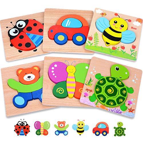 Playtime by Magifire Wooden Puzzles for Toddlers Set of 6: Early Developmental STEM Toy for Babies Aged 1-3 Years; Stocking Suffers for Toddlers - Ladybug, Car, Bee, Teddy Bear, Butterfly, Turtle