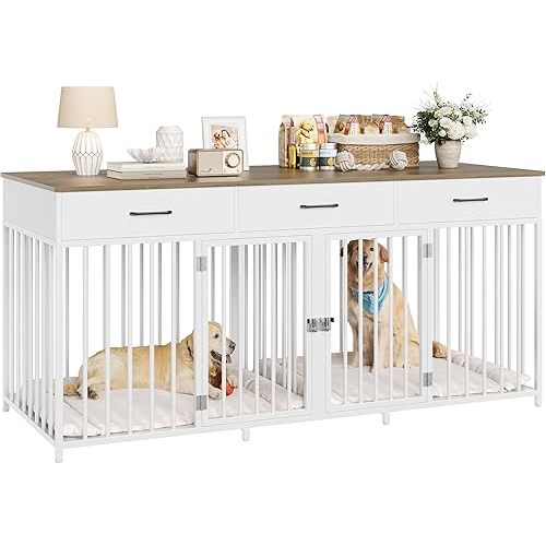 HOSTACK Double Dog Crates Furniture, 71" Wide Indoor Dog Kennel with 3 Drawers, Farmhouse Dog Cage for 2 Large/Medium Dogs, Heavy Duty Dog Crate with Removable Room Divider, Wooden Pet House, White