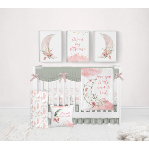 Pink Floral Moon Crib Bedding, Love You To The Moon and Back Baby Girl Crib Bedding Set, Moon Stars Nursery, Moon and Stars Crib Bedding