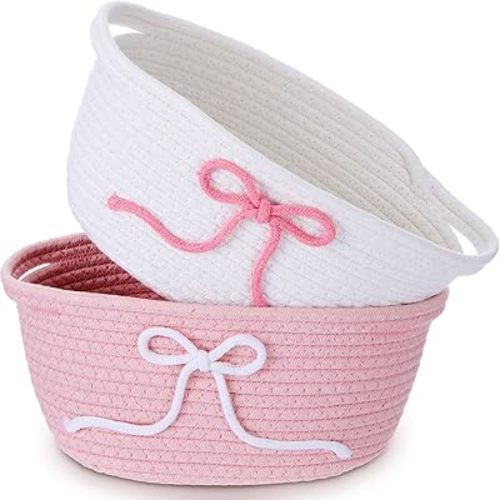 2 Pcs Pink Bow Storage Baskets Woven Cotton Rope Laundry Hamper with Handles for Home Decor Organization Baby Room Bedroom (Solid Color)