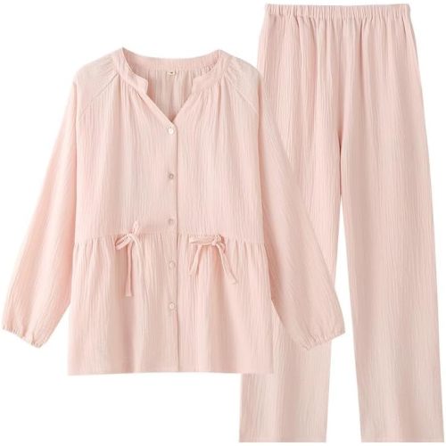 Womens Cotton Pajama Sets Muslin Pj Set V Neck Button Down Shirt and Pants Sleepwear 2 Piece Cute Pj Set