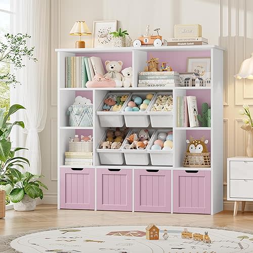 FINETONES Toy Storage Organizer with 6 Toy Bins, Toy Organizer Kids Bookshelf with 4 Movable Drawers and 6 Storage Cubbies, Toy Bins for Kids Organizer Playroom Storage for Kids Room, Pink
