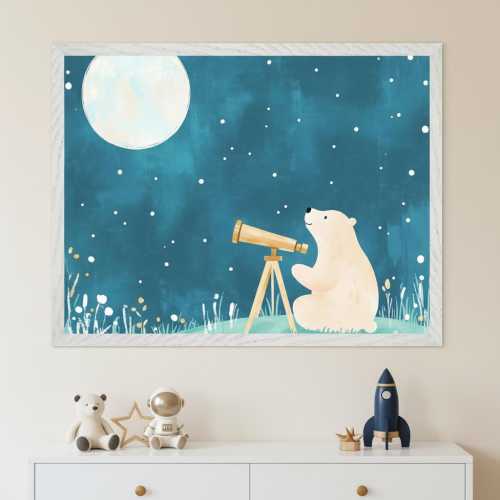 Whimsical Bear Framed Wall Art - Moon Gazing with Telescope for Nursery