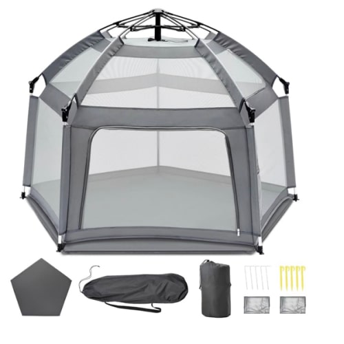 Baby Playpen with Self-Inflating Play Mat & Travel Bag, Portable Outdoor Playpen for Babies and Toddlers, Foldable Pop Up Play Tent for Home, Park, Beach and Camping (Grey)