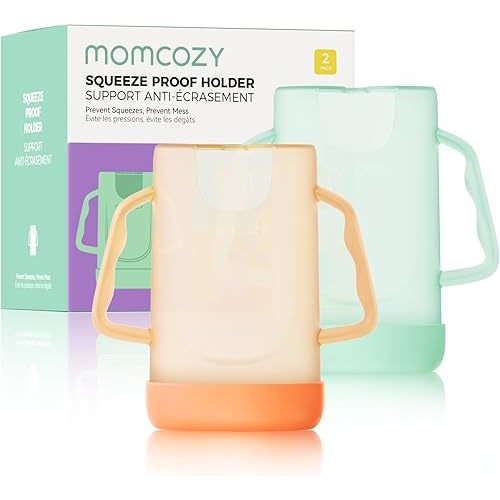 Momcozy Squeeze Pouch Holder for Food Pouches and Drink Boxes, Baby Pouch Holder Allows Baby to Self-feed and Avoid Messes, Baby Food Pouch Holder Handle is Easy to Grip, Comfortable, Green&Orange