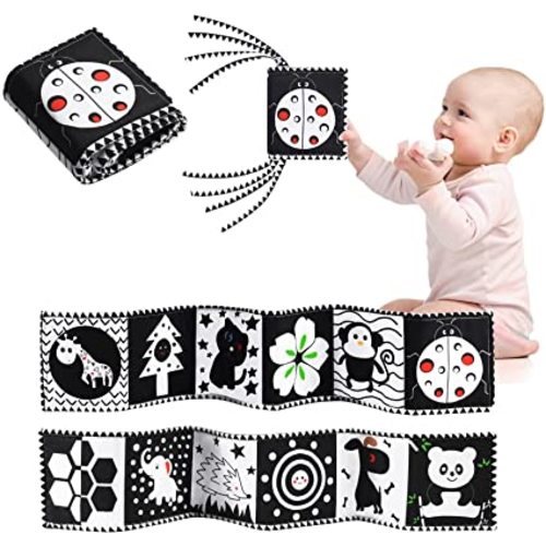 Black and White High Contrast Soft Cloth Book for Baby Infant Tummy Time Baby Book Folding Educational Activity Cloth Book Crib Toys for 0-3 Years Old Newborn Toys