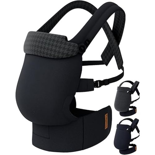 Reversible Baby Carrier – Black Solid & Houndstooth; Lightweight & Breathable Lyocell Fabric; Ergonomic Lumbar Support and Quick Hands-Free Wear for Newborn to Toddler (7–44 lbs)