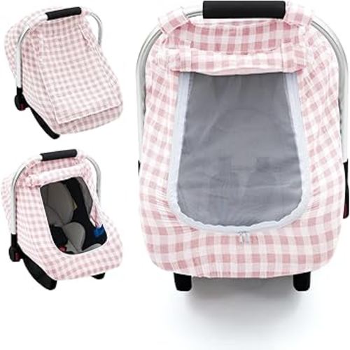 Muslin Car Seat Cover Baby, Summer Infant Carseat Covers with Breathable Window, Lightweight Car Seat Sun Shade Cover for Girls Boys, Fit Spring Summer (Pink)