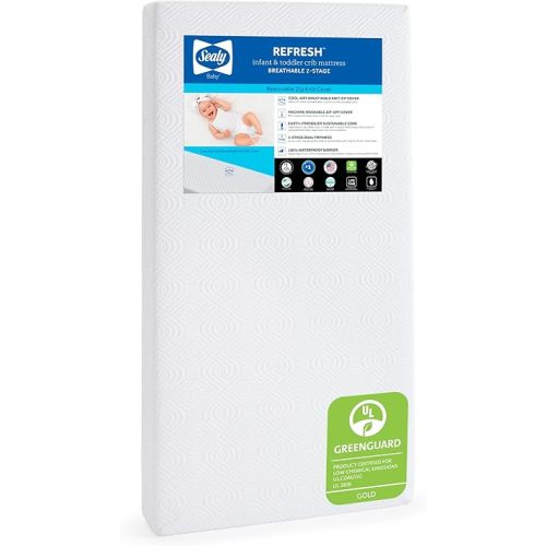 Sealy Baby Refresh Breathable 2 Stage Waterproof Crib Mattress Plus Toddler Bed Fit, Removable Knit Cover, GREENGUARD Gold Certified, Safety & Quality Tested, Made in USA, 52X28 -White