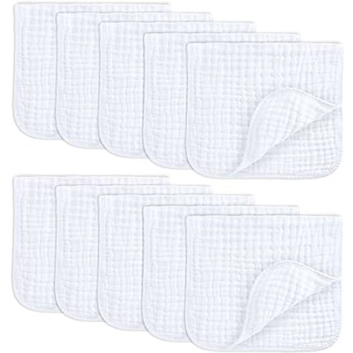 Comfy Cubs Muslin Burp Cloths Set Large 100% Cotton Hand Washcloths for Babies, Baby Essentials 6 Layers Extra Absorbent and Soft Boys & Girls Baby Bibs & Burp Cloths Set (White, 10-Pack, 20" X10")