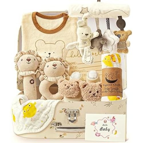 Golray 9pcs Newborn Baby Gift Baskets for Boys Girls Baby Shower, 2 Rattle/Seat Hang Toy/Blanket/Onesies/Bib/ 3D Socks/Wood Milestone/Carry Box, Neutral New Born Essential Stuff Unisex Baby Gifts Boy