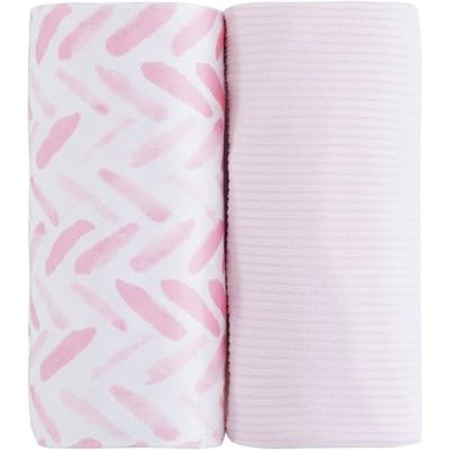 Viviland Jersey Swaddle Blanket, Ultra Soft Stretchy Receiving Blanket, Baby Girl Newborn Rainbow Swaddle Wrap, 40 x 30 inches, 2 Pcs, Pink Leaf