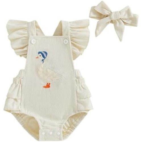 Baby Girl Corduroy Romper Goose Embroidery Onesie Ruffle Sleeveless Bodysuit Headband Set Fall Clothes
