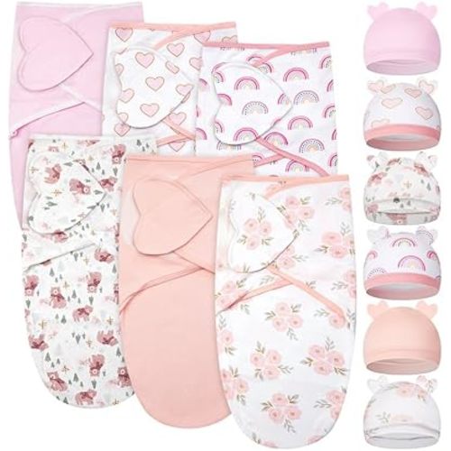 Ramede 6 Pack Baby Swaddle Blanket with Hats Sleep Swaddle for 0-3 Months Newborn Sacks Soft Cotton Wearable for Baby Boy Girl Sleeping(Pink, Love)