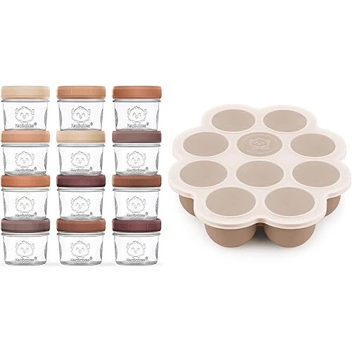 KeaBabies 12-Pack Baby Food Containers and Silicone Baby Food Freezer Tray with Clip-on Lid - 4 oz Glass Food Jars - Breast Milk Trays for Freezer