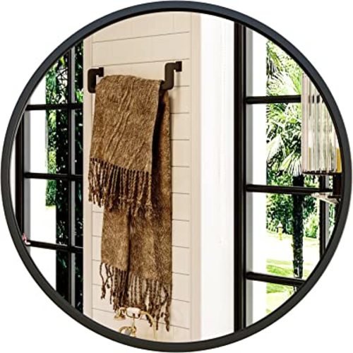 Growsun 24'' Black Round Mirror, Circle Wall Mirror for Bathroom Vanity, Entryway Living Room with Metal Frame for Home Decor