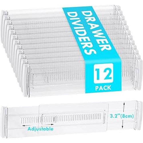 Drawer Dividers, 12 Pack Adjustable Drawer Organizers 3.2" High Expandable from 11.3-20" Clear Expandable Dresser Organizer for Clothes Kitchen Utensils Cutlery Drawer Organizers Set