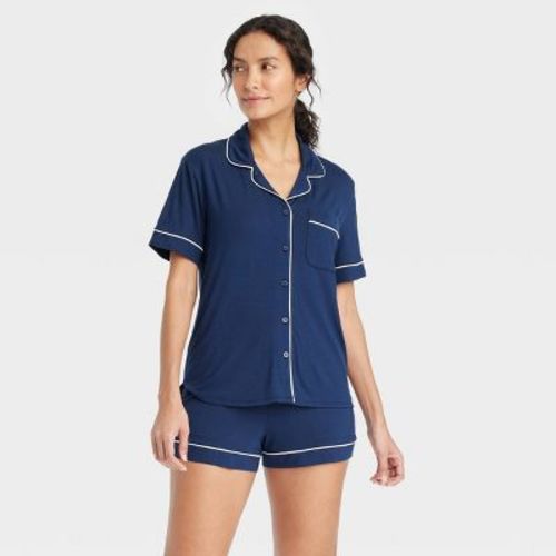 Women's Cloud Knit Short Sleeve Notch Collar Top And Shorts Pajama Set - Auden™ Navy Blue S