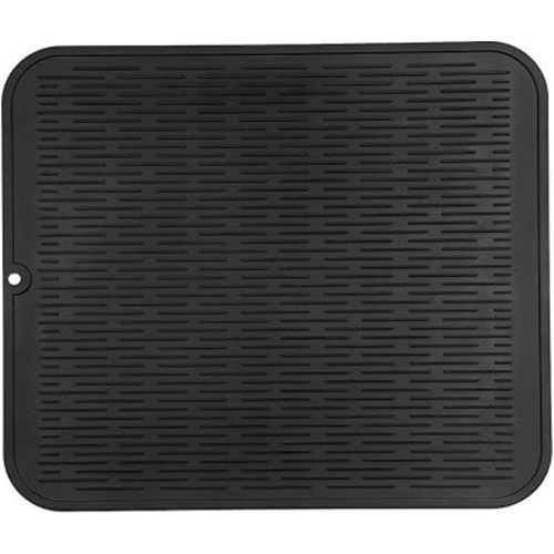 Silicone Dish Drying Mat for Multiple Usage,Easy clean,Eco-friendly,Heat-resistant Silicone Mat for Kitchen Counter or Sink,Refrigerator or Drawer Liner Black XL 18 inches x 16 inches