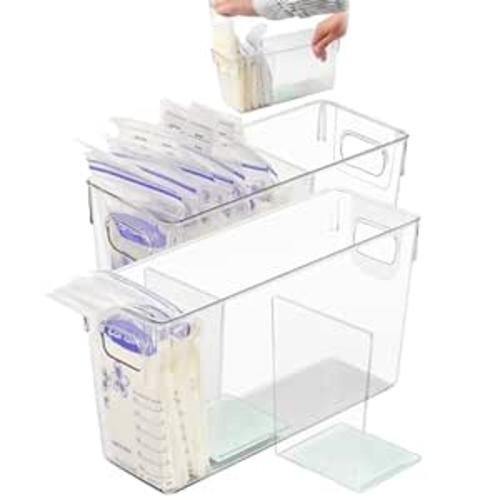 Breastmilk Storage Container with L Shaped Separator Boards, Dividers Will Flatten Standing Breast Milk Bags in Organizer Bins Save Refrigerator Space | 2 Containers Plus 4 Green Removable Dividers