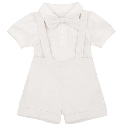 IBTOM CASTLE Baby Boys Formal 1st Birthday Onesie Gentleman Outfits Wedding Suit Cake Smash Bowtie Romper Suspenders Short Pants Baptism Christening Clothes 0-6 Months White