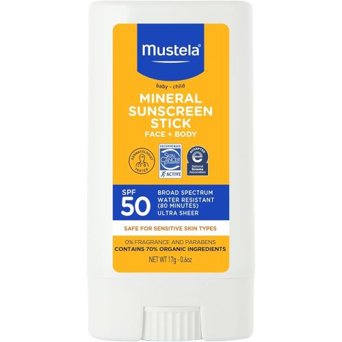 Mustela Baby Mineral Sunscreen Stick SPF 50 Broad Spectrum - Face & Body Sun Stick with 70% Organic Ingredients - Ultra Sheer, Water Resistant & Fragrance-Free - 0.6 oz (Pack of 1)