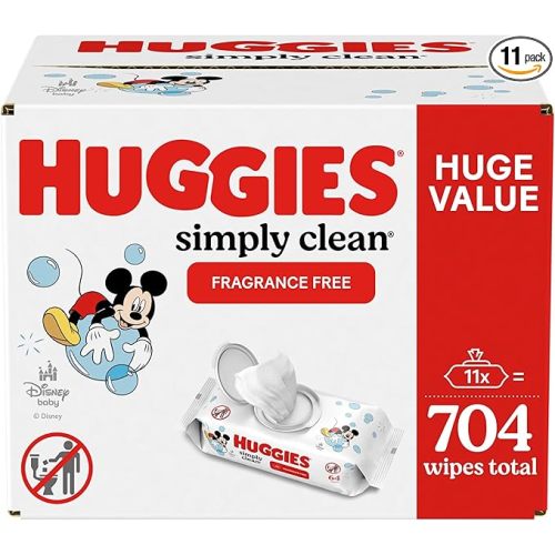 Huggies Simply Clean Fragrance-Free Baby Wipes, Unscented Diaper Wipes, 11 Flip-Top Packs (704 Wipes Total) - 64 Count (Pack of 11)