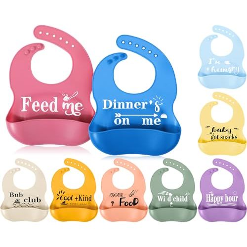 Mepase 9 Pcs Silicone Bibs for Baby Girls Boys 12.6 Inch Adjustable Funny Baby Bibs Set Silicone Waterproof Baby Feeding Bib Cute Newborn Bibs for Welfare House Kindergarten Home Toddlers