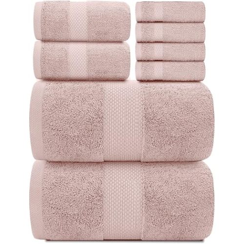 White Classic Luxury Bath Towel Set of 8 Pieces - 100% Turkish Cotton Highly Absorbent Towels for Bathroom, 2 Luxury Bath Towels 700GSM, 2 Hand Towels, 4 Washcloths, Pink