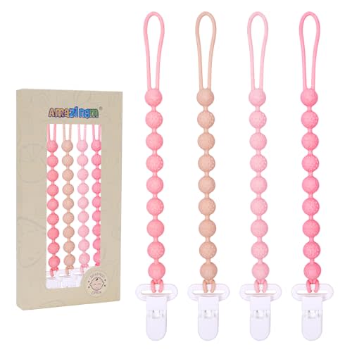 One Piece Design Silicone Pacifier Clip Holder,Pack of 4 Flexible Paci Leash,Binky Clips with Textures for Baby Boys and Girls,Newborn Essential (Pink)
