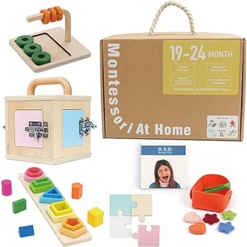 Montessori Toys for 1+ Year Old,7 in 1 Learning Educational Set Toys (Includes Curved Dowel,Geometric Puzzle,Tweezers and Felt Stars,Transfer Basket,Lockbox, Jigsaw Puzzle,Funny Face Book)