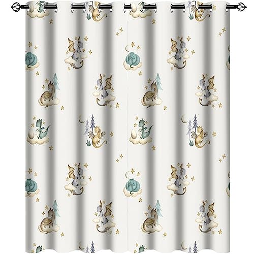 Watercolor Cute Baby Dragon Curtains for Bedroom - Fantasy Cartoon Mid Century Woodland Dragon Window Drapes,Energy Saving Thermal Insulated Grommet Top Bedroom Blackout Curtains 45L x 21W,2 Panels