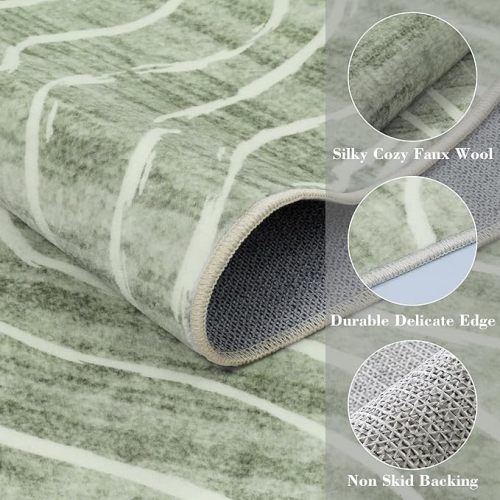 5x7 Sage Green Modern Abstract Area Rugs for Living Room, Washable Rugs for Nursery Bedroom, Non-Slip Minimalist Neutral Wave Striped Rugs for Playroom Boys, Throw Accent Rug Carpet for Dining Room
