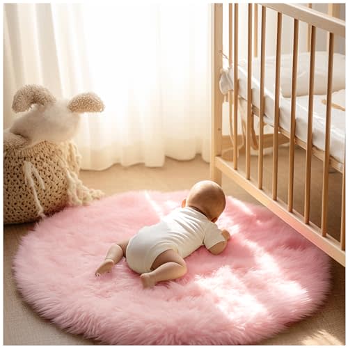 Ashler Faux Fur Rug, Pink Fluffy Shaggy Area Rug, Soft 3x3 Ft Round Sheepskin, Fuzzy Machine Washable Carpet, Nursery Rug for Kids Bedroom, Living Room