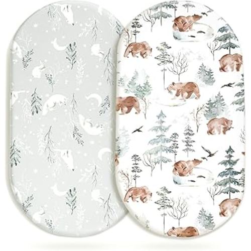 Stretchy Bassinet Mattress Sheets, Ultra Soft Bassinet Sheet 2 Pack, Universal Fitted for Oval Hourglass Rectangular Bassinet Mattress Pad Safe and Snug, Stylish Pattren of Bear and Wolf Print