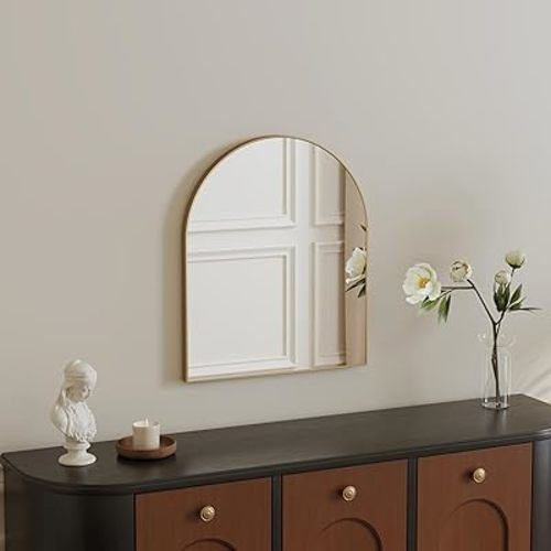 15x18 Inch Compact Gold Arched Mirror Perfect for Small Bathroom Vanity & Decorative Wall Use Space-Saving Brushed Metal Frame Arch Mirror for Bathroom Living Room Bedroom or Entryway