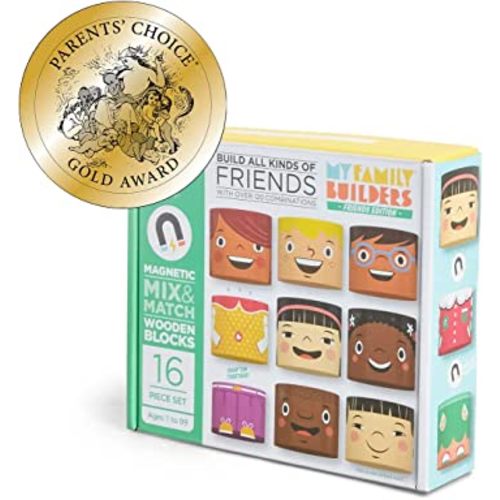 My Family Builders Friends Edition Diversity Building Blocks with Magnets – Build Little People Figures for Cultural Inclusion and Empathy – 16 Piece Wooden Blocks for Multiracial Play Figures