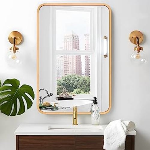 Wood Bathroom Mirror for Wall 26" x 40" Farmhouse Rounded Corner Rectangle Mirror with Wooden Framed for Home Living Room Bedroom Wall Mounted Decorative Mirror (Natural Beech Wood)