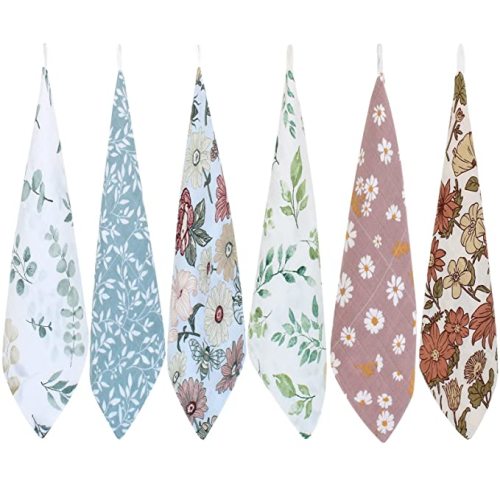 LifeTree Baby Muslin Washcloths, Soft 6 Pack Baby Wash Cloths Unisex for Boys Girls, Bamboo Cotton Bath Face Towels, Bibs for Newborn with Sensitive Skin, Perfect for Baby Registry 10.2x10.2 inches - 6 Pack Plant Pattern
